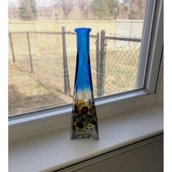 Joan Baker Designs Hand Painted Stained Glass Bud Vase Floral Tall - Picture 1 of 8